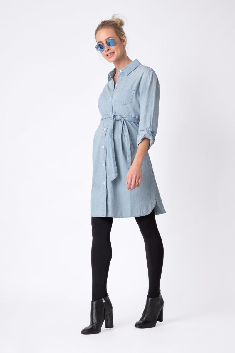 Justine denim kjole til gravid fra Seraphine#SeraphineDressBuump